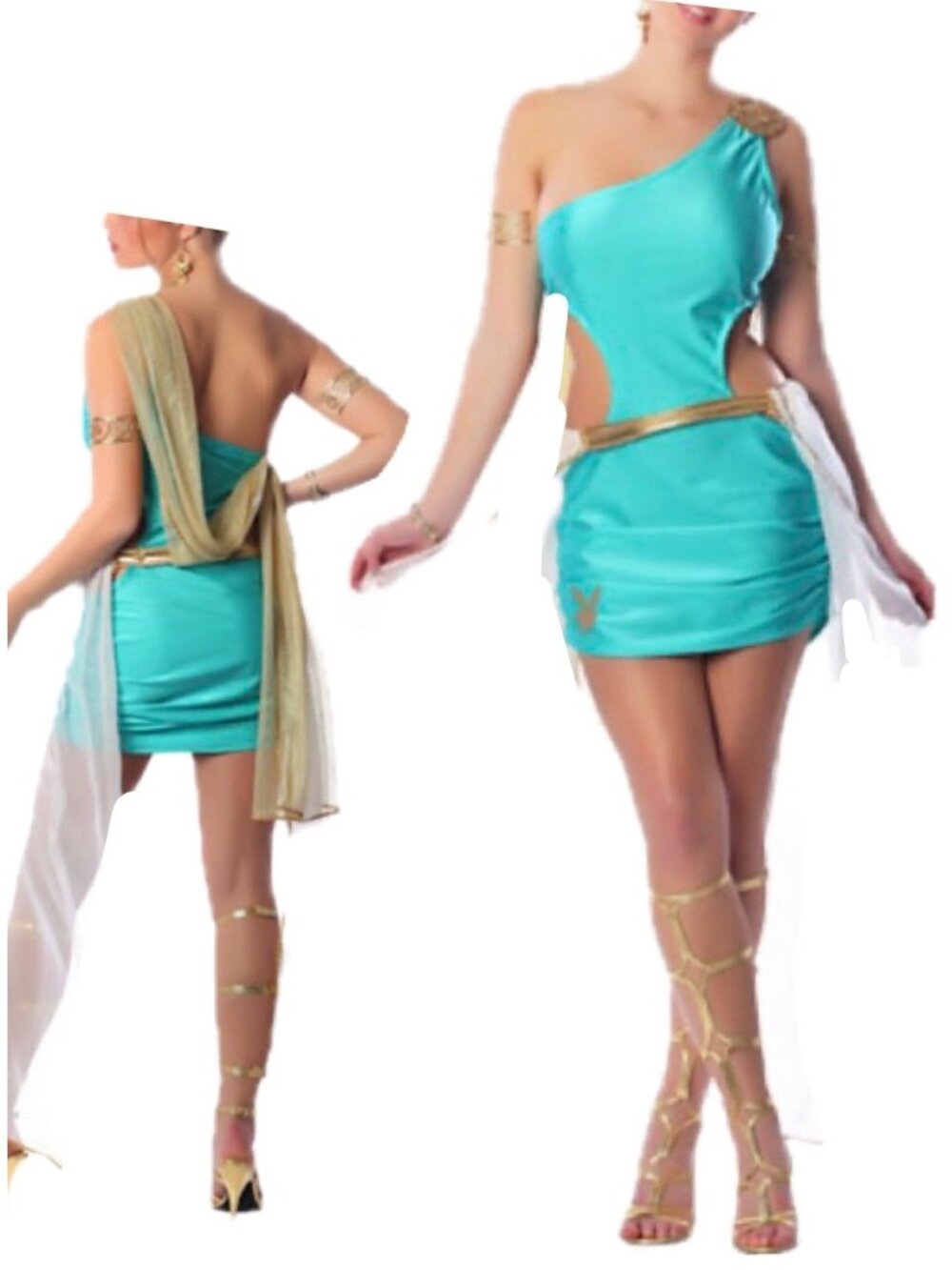 Playboy Goddess Sexy Playmate Cosplay Dress Greek Turquoise Gold Costume Sz XS/S